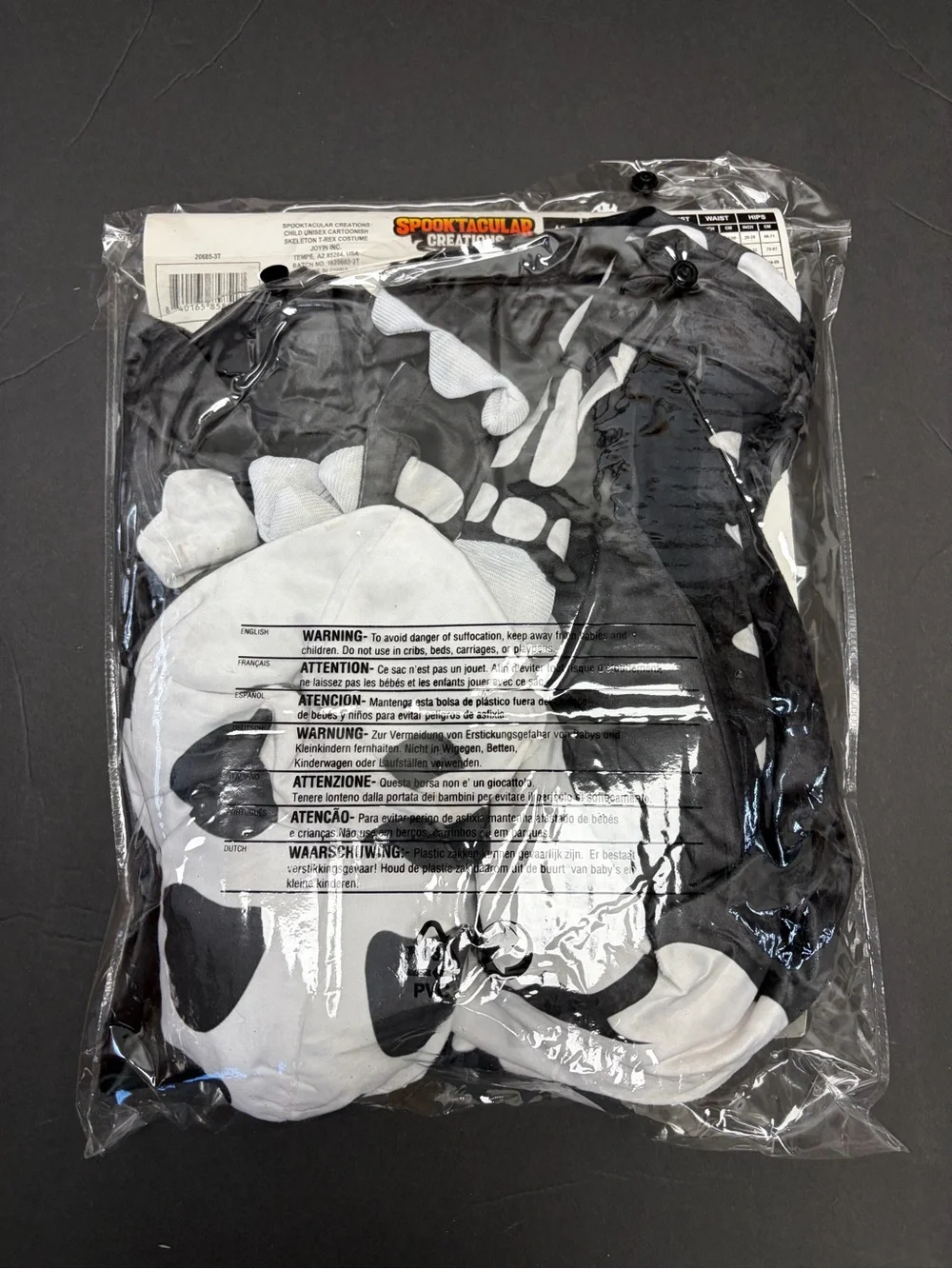 Kids Cartoon Skeleton T-Rex Costume - Black & White